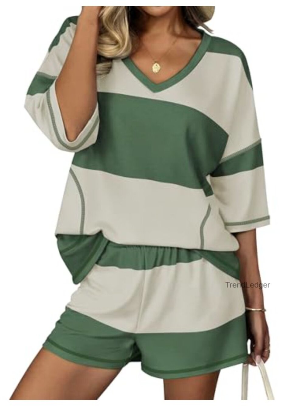 Women's 2 Piece Lounge Short Set V Neck Top Pockets Oversized